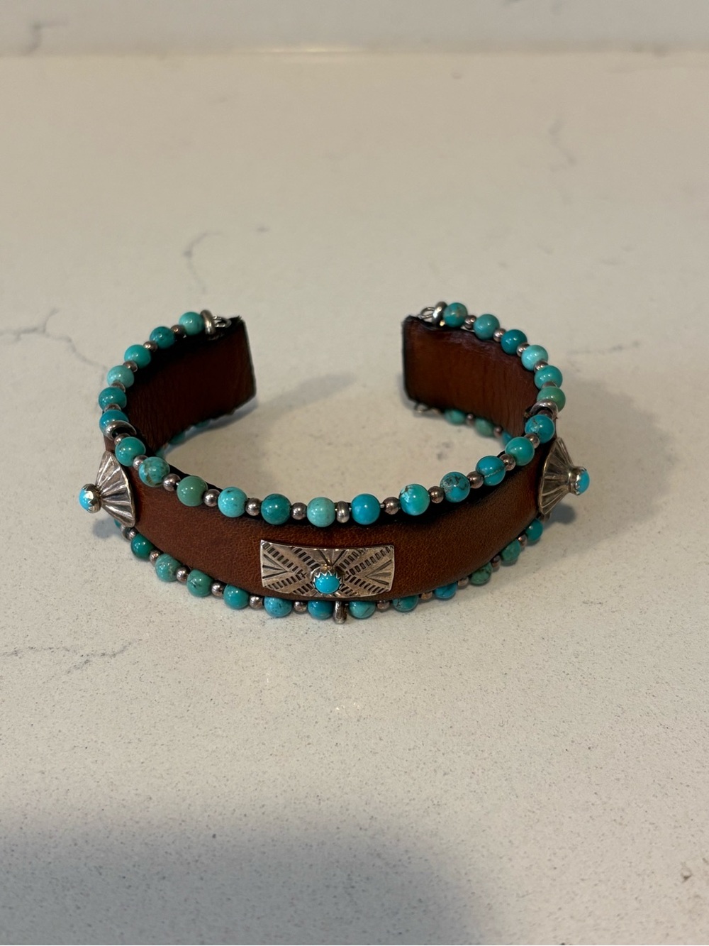 Brown Leather Running Bear Cuff Bracelet with Turquoise Beads